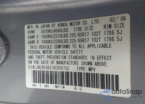 2008 Honda Cr-V Lx z USA, uszkodzony, nr VIN JHLRE48318C056752